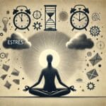 Figura en posición de meditación rodeada de elementos simbólicos del estrés.