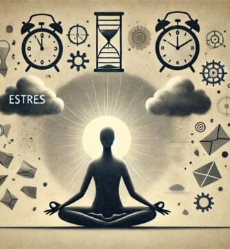 Figura en posición de meditación rodeada de elementos simbólicos del estrés.