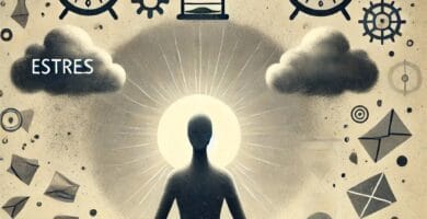 Figura en posición de meditación rodeada de elementos simbólicos del estrés.