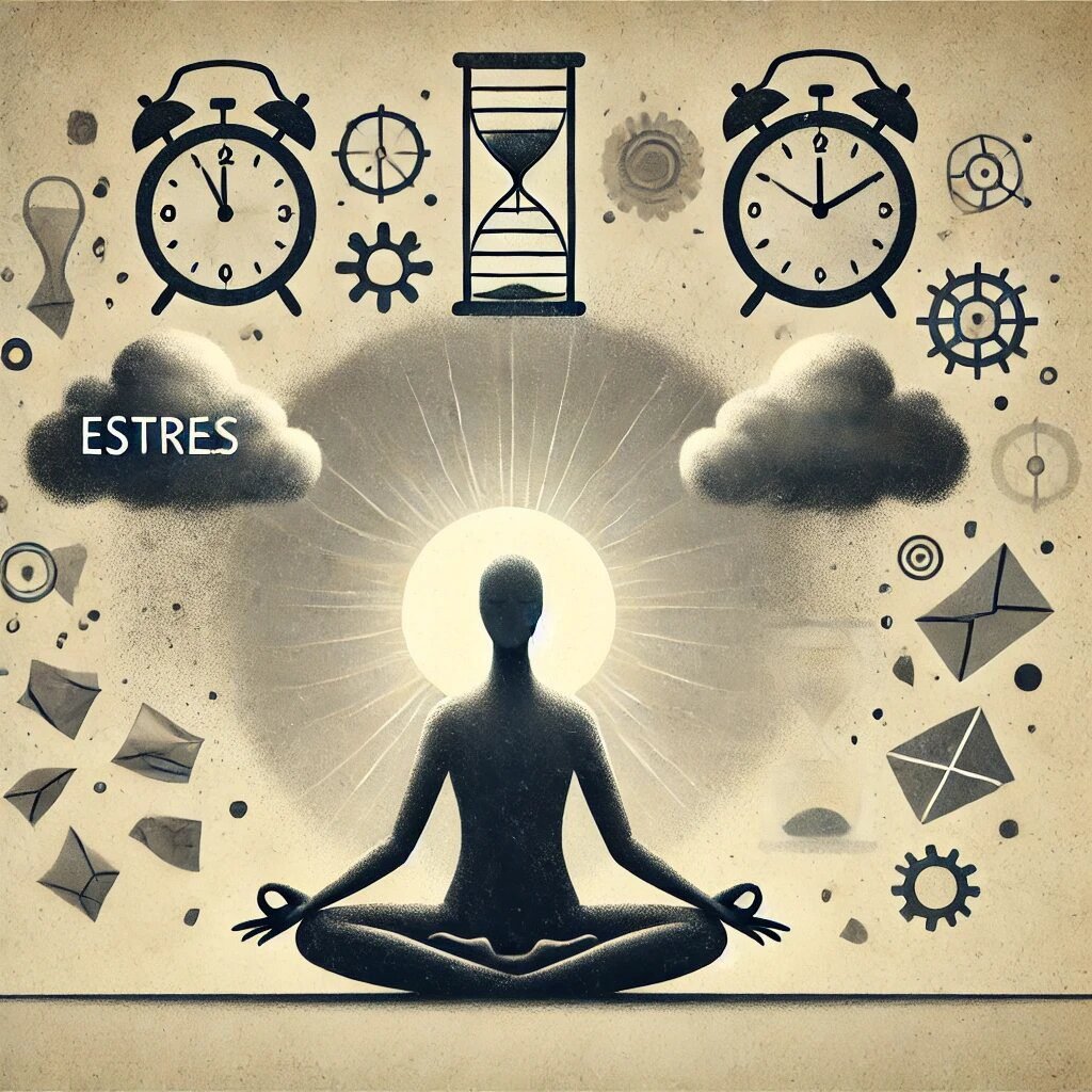 Gestión del Estrés: Controla Tu Vida Antes de Que Te Enfermes 1 Figura en posición de meditación rodeada de elementos simbólicos del estrés.